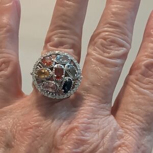 14 KT White Gold Multi Colored Sapphire And Diamond Ring